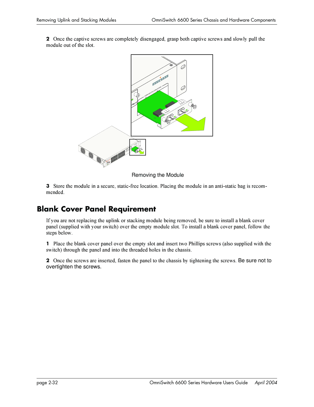 Alcatel-Lucent 6624, 6648, 6600 Series manual Blank Cover Panel Requirement, Removing the Module 