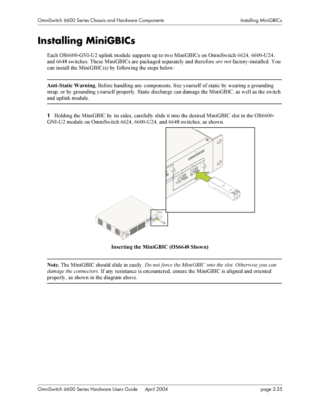 Alcatel-Lucent 6624, 6600 Series manual Installing MiniGBICs, Inserting the MiniGBIC OS6648 Shown 