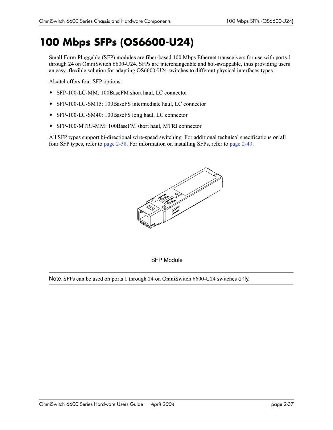 Alcatel-Lucent 6648, 6624, 6600 Series manual Mbps SFPs OS6600-U24, SFP Module 