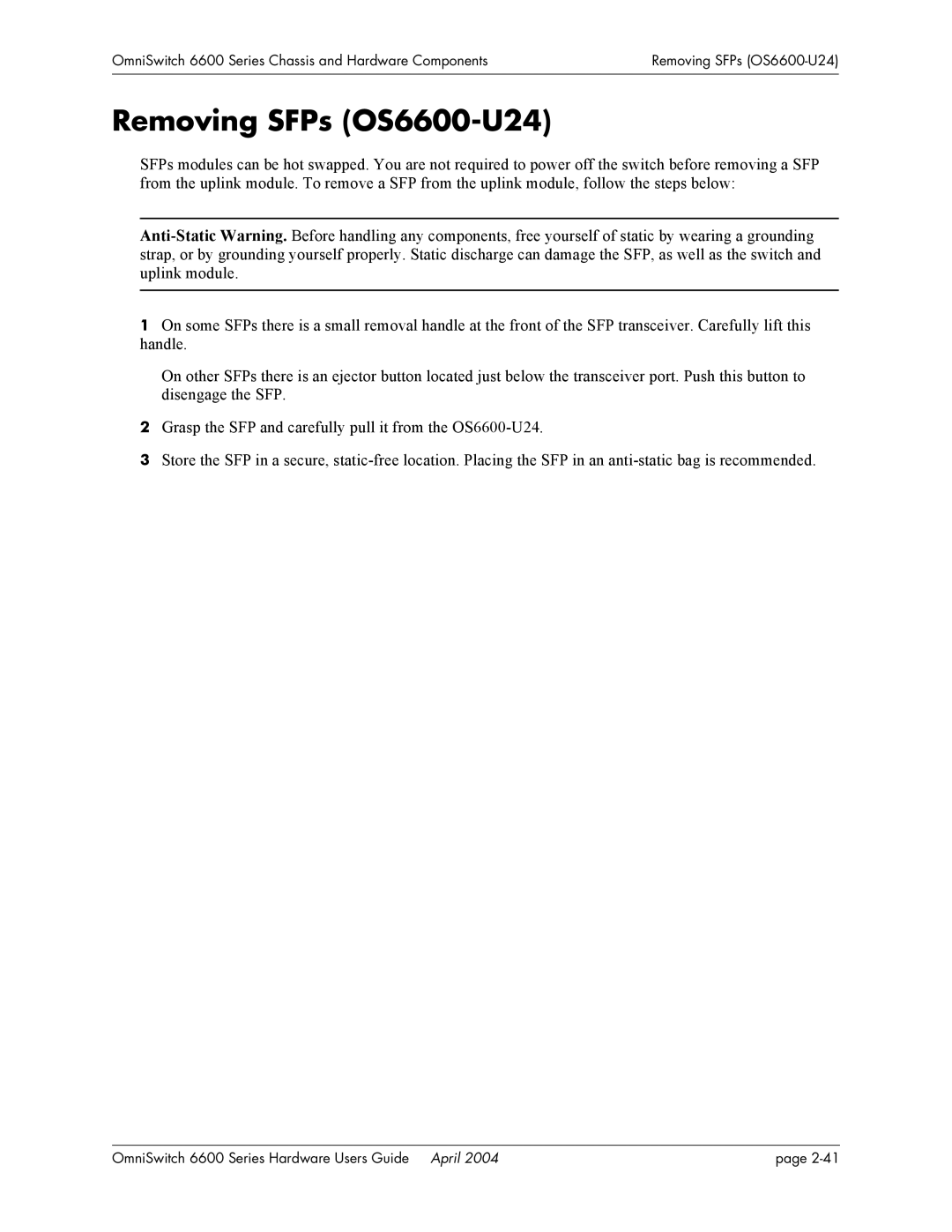 Alcatel-Lucent 6624, 6648, 6600 Series manual Removing SFPs OS6600-U24 