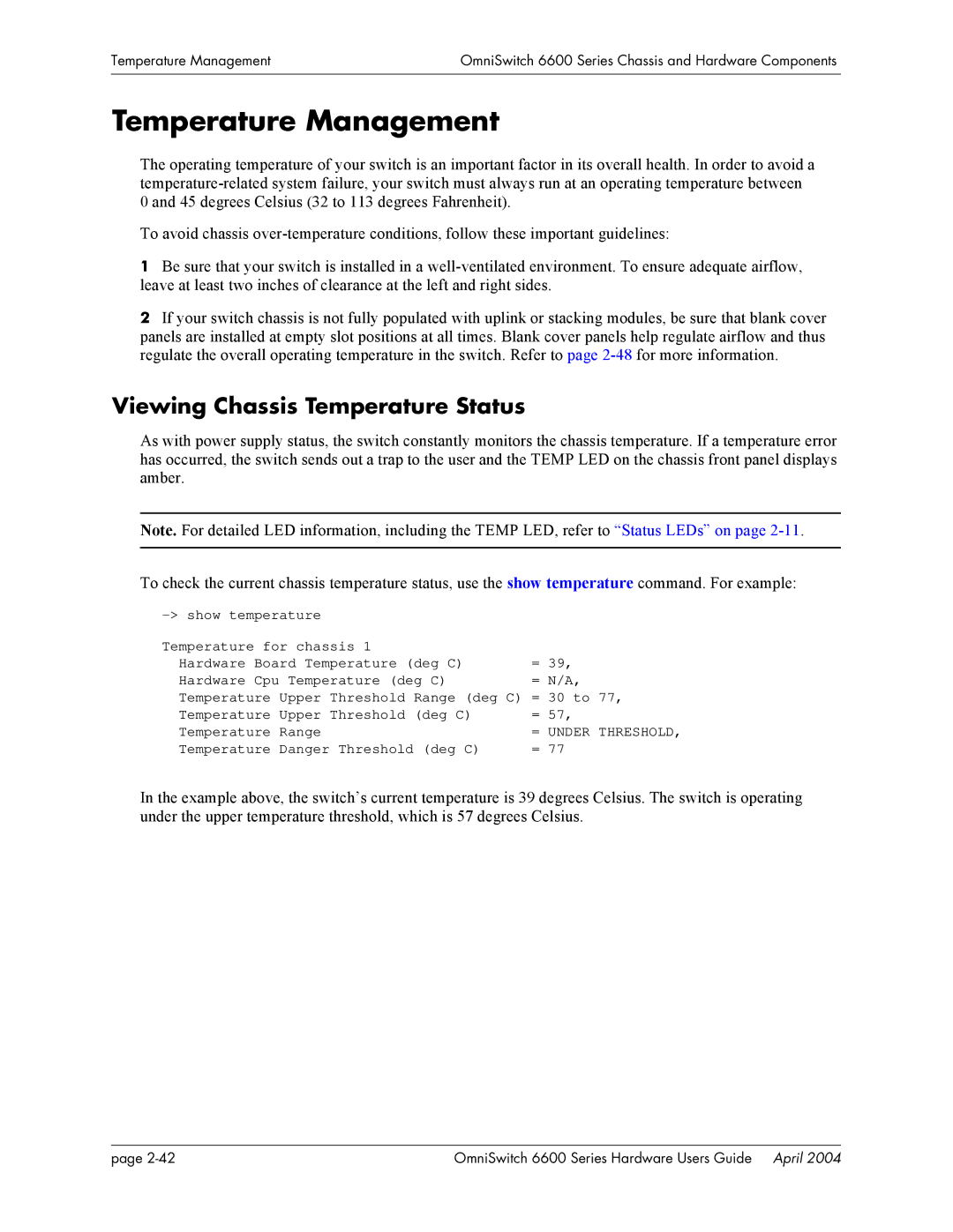 Alcatel-Lucent 6600 Series, 6648, 6624 manual Temperature Management, Viewing Chassis Temperature Status 