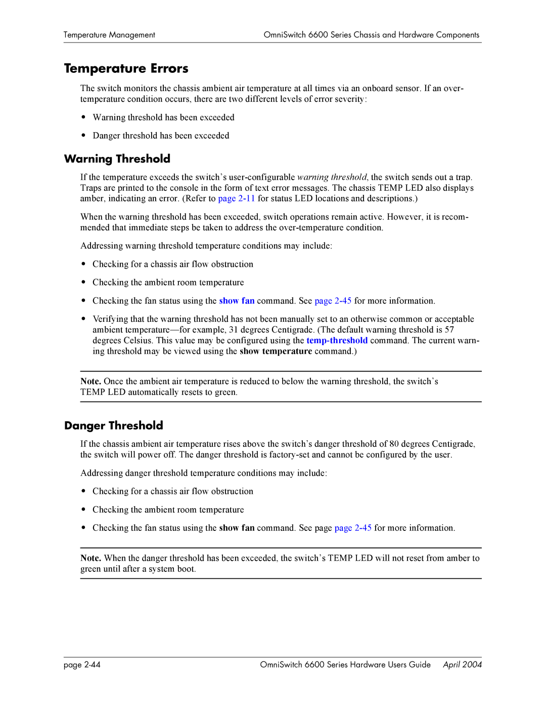 Alcatel-Lucent 6624, 6648, 6600 Series manual Temperature Errors 