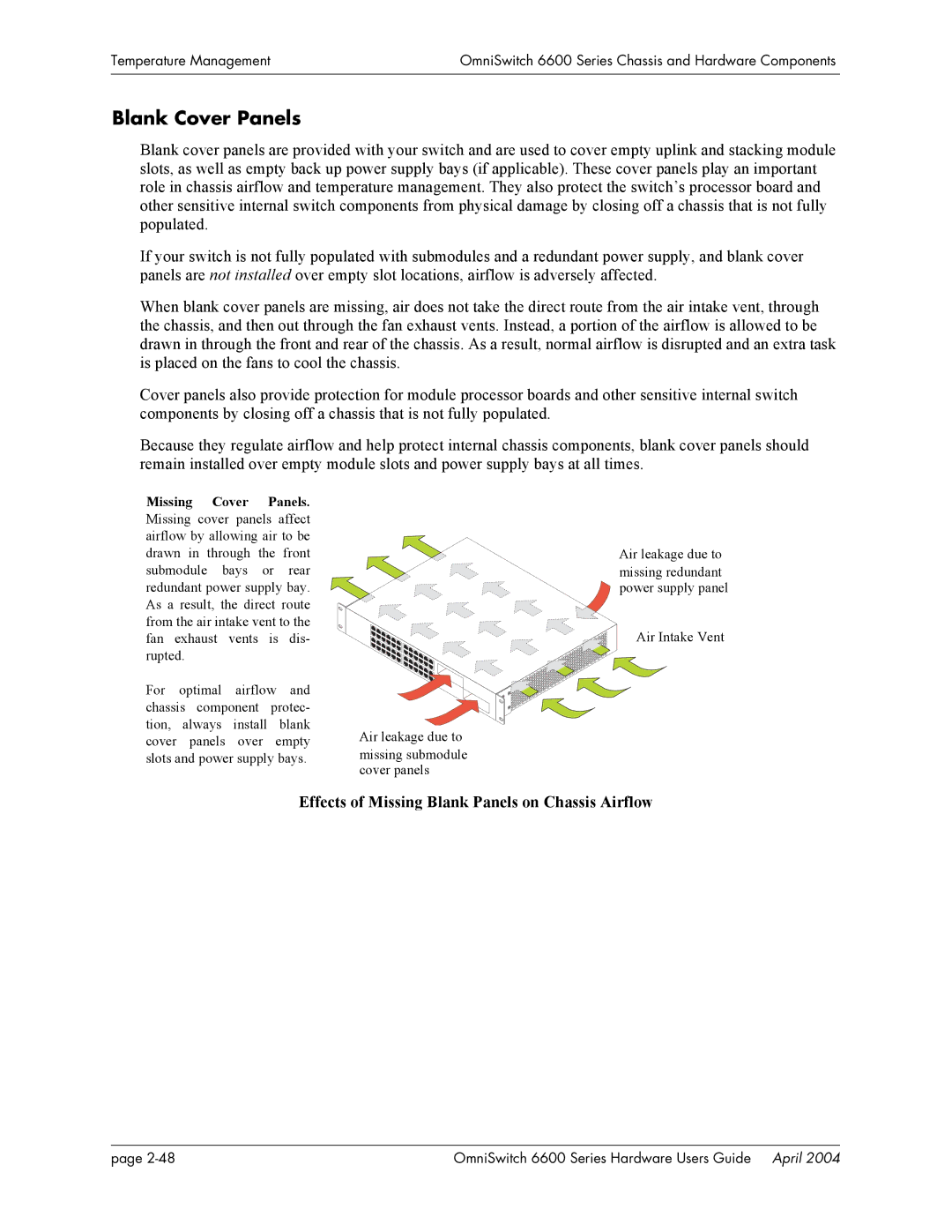 Alcatel-Lucent 6600 Series, 6648, 6624 manual Blank Cover Panels, Effects of Missing Blank Panels on Chassis Airflow 