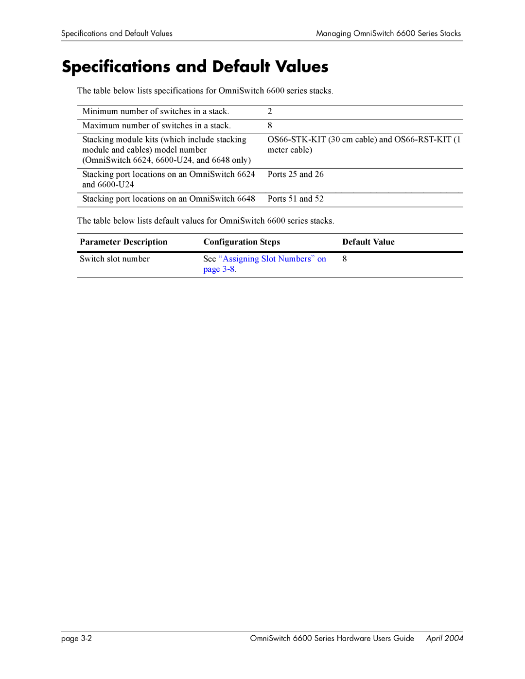 Alcatel-Lucent 6624, 6648 manual Specifications and Default Values, Parameter Description Configuration Steps Default Value 