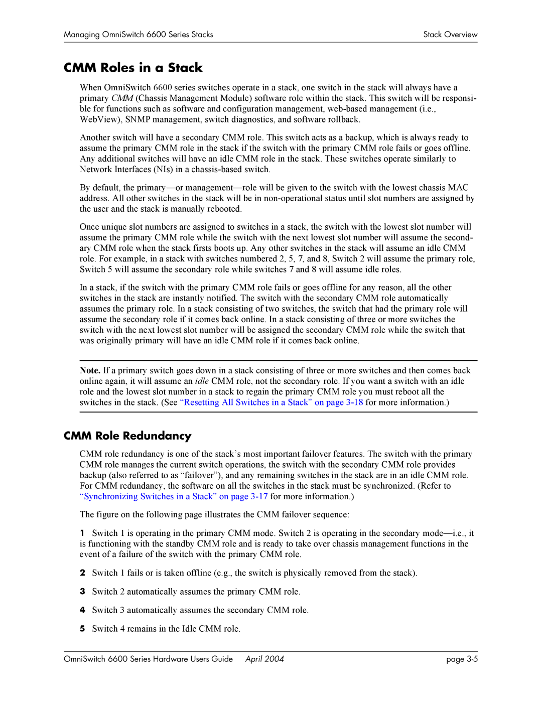 Alcatel-Lucent 6624, 6648, 6600 Series manual CMM Roles in a Stack, CMM Role Redundancy 