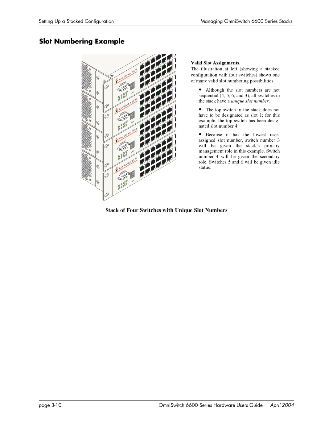 Alcatel-Lucent 6648, 6624 Slot Numbering Example, Stack of Four Switches with Unique Slot Numbers, Valid Slot Assignments 