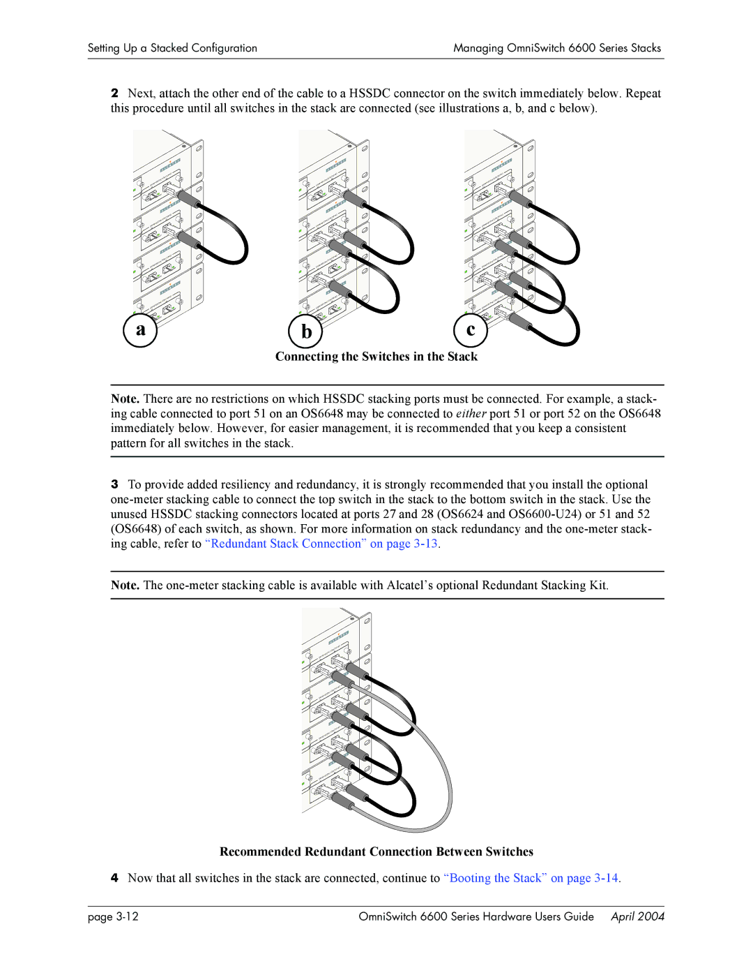 Alcatel-Lucent 6600 Series, 6648 Connecting the Switches in the Stack, Recommended Redundant Connection Between Switches 