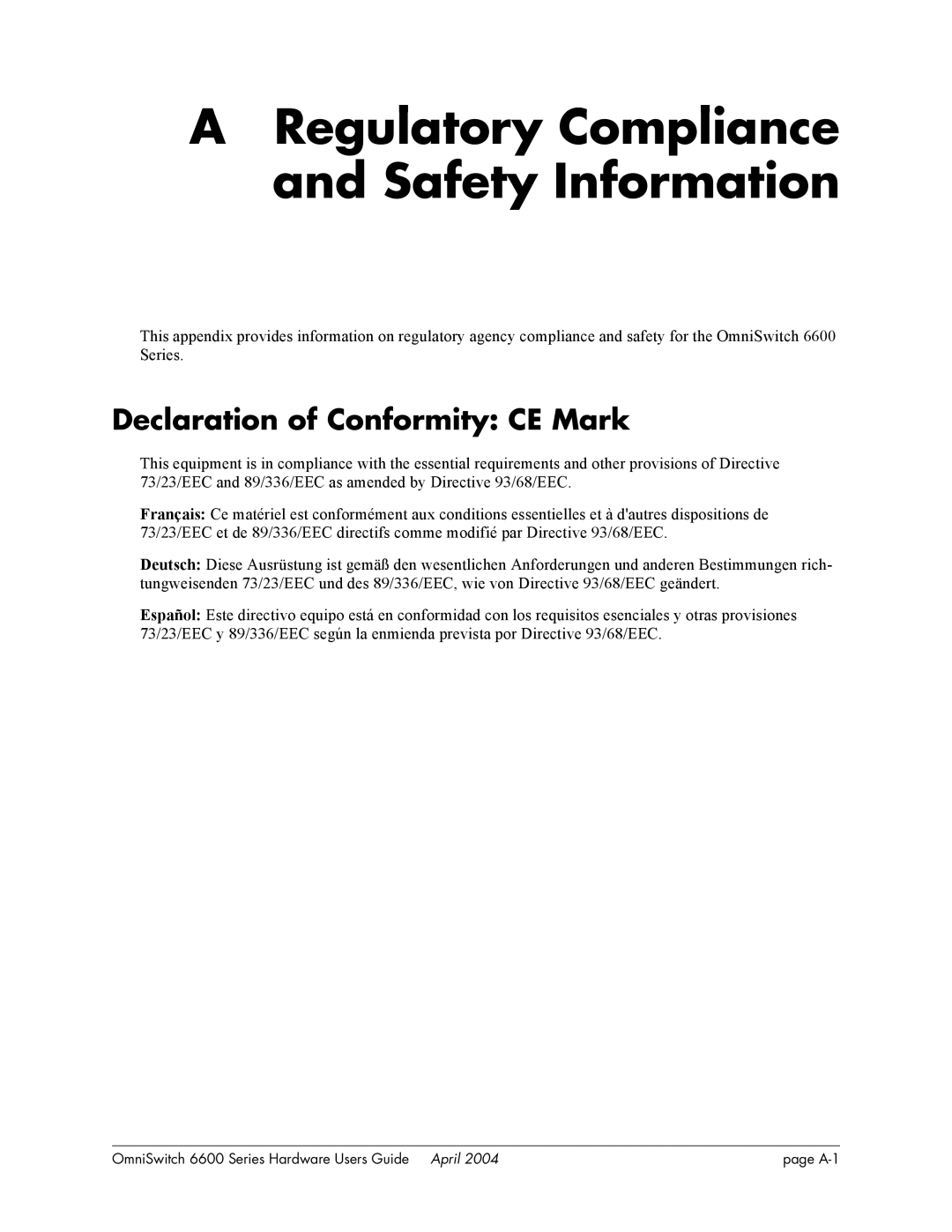 Alcatel-Lucent 6624, 6648, 6600 Series A Regulatory Compliance and Safety Information, Declaration of Conformity CE Mark 
