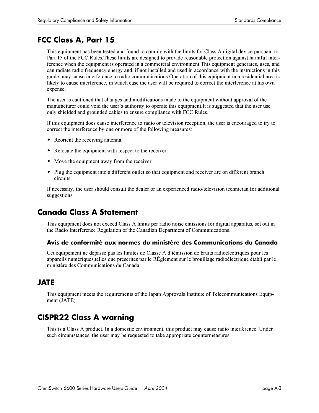 Alcatel-Lucent 6648, 6624, 6600 Series manual FCC Class A, Part, Canada Class A Statement, Jate, CISPR22 Class A warning 