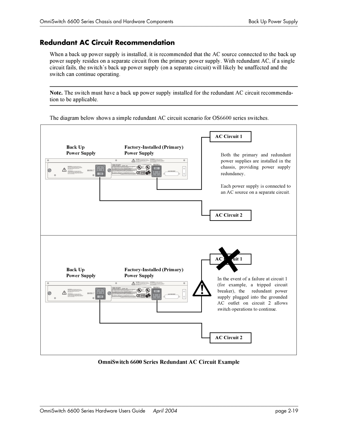 Alcatel-Lucent 6648, 6624 manual Redundant AC Circuit Recommendation, OmniSwitch 6600 Series Redundant AC Circuit Example 