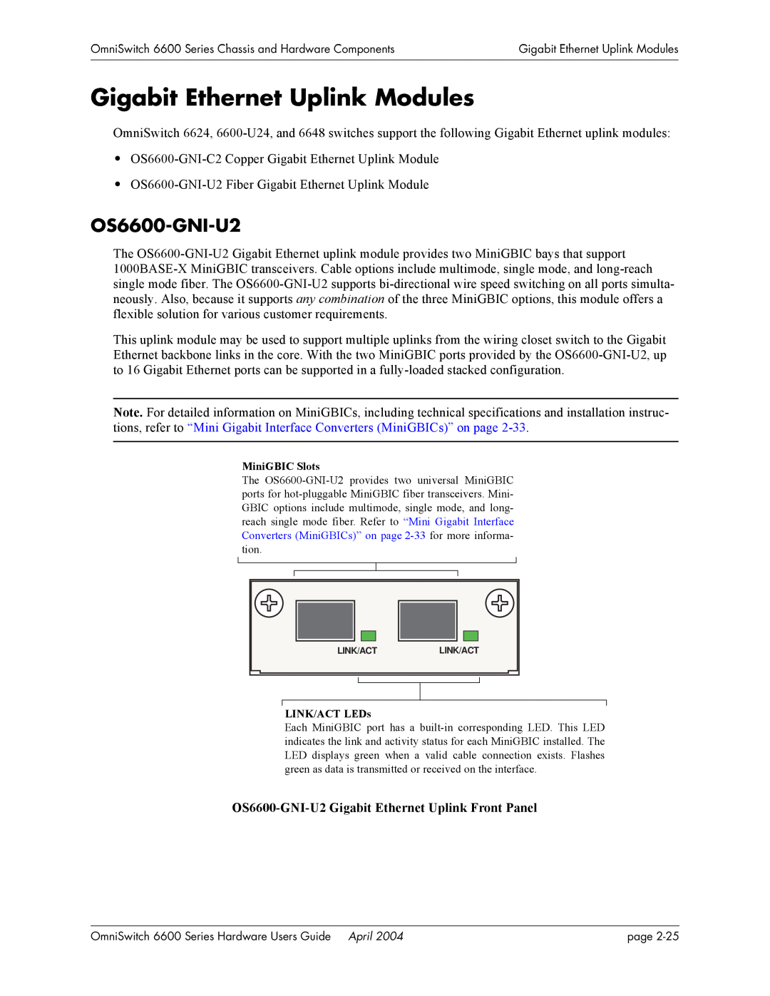 Alcatel-Lucent 6648, 6624 manual Gigabit Ethernet Uplink Modules, OS6600-GNI-U2 Gigabit Ethernet Uplink Front Panel 