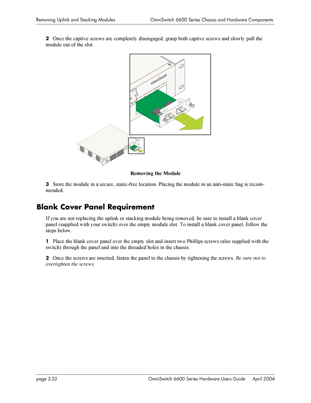 Alcatel-Lucent 6624, 6648, 6600 Series manual Removing the Module, Blank Cover Panel Requirement 