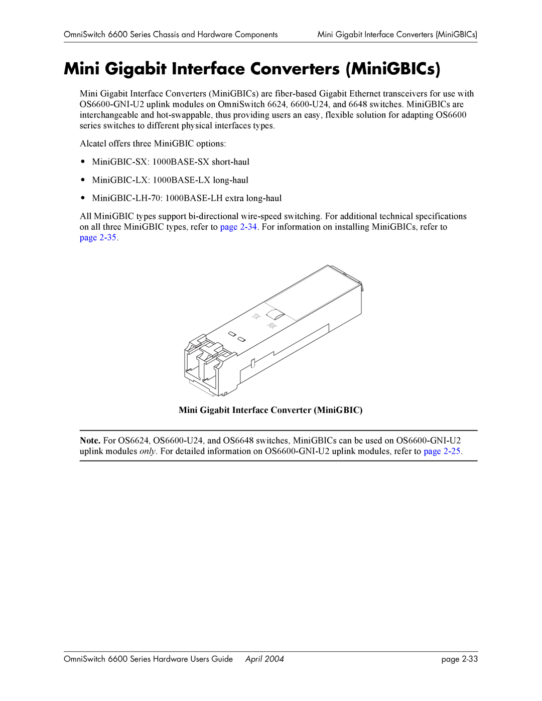 Alcatel-Lucent 6600 Series, 6648 Mini Gigabit Interface Converters MiniGBICs, Mini Gigabit Interface Converter MiniGBIC 