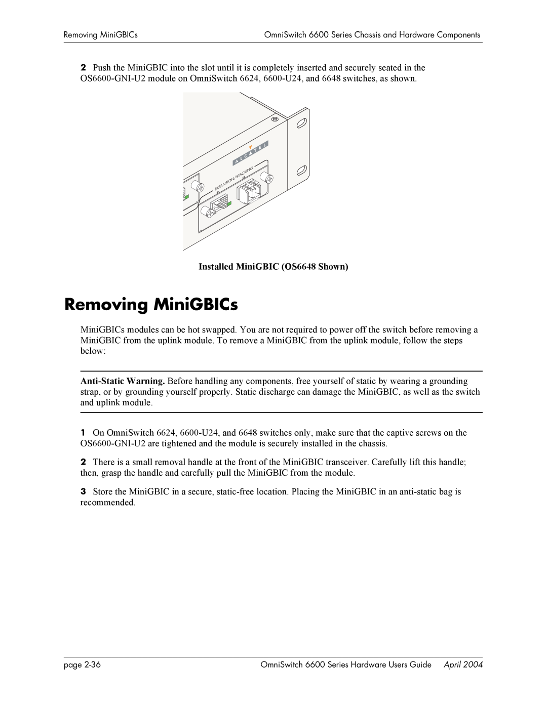 Alcatel-Lucent 6600 Series, 6624 manual Removing MiniGBICs, Installed MiniGBIC OS6648 Shown 