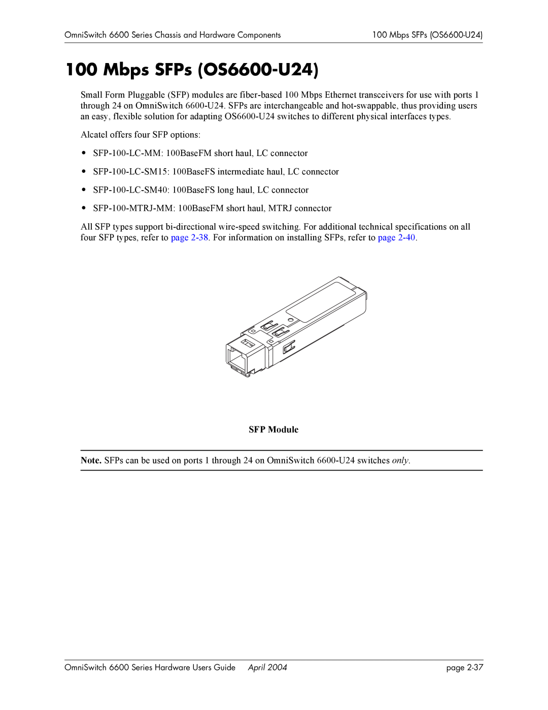 Alcatel-Lucent 6648, 6624, 6600 Series manual Mbps SFPs OS6600-U24, SFP Module 