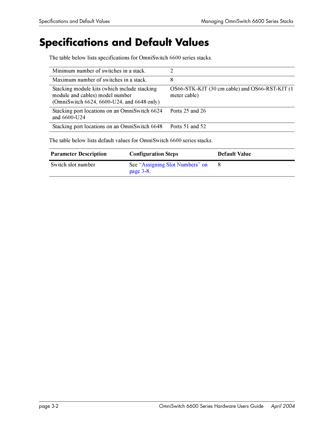 Alcatel-Lucent 6624, 6648, 6600 Series Specifications and Default Values, Parameter Description, Configuration Steps, page 