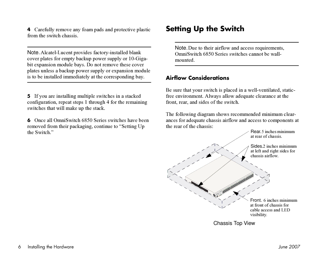 Alcatel-Lucent 6850-P24X, 6850-48L, 6850-P48X, 6850-P48L, 6850-U24X, 6850-P24L Setting Up the Switch, Airflow Considerations 