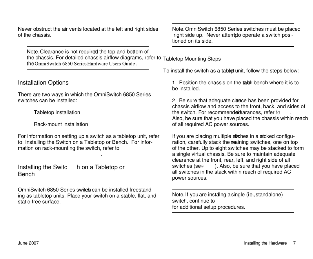 Alcatel-Lucent 6850-48X manual Installation Options, Installing the Switch on a Tabletop or Bench, Tabletop Mounting Steps 