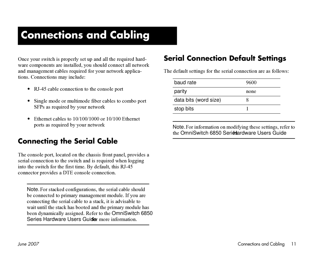 Alcatel-Lucent 6850-P24, 6850-48L Connections and Cabling, Serial Connection Default Settings, Connecting the Serial Cable 