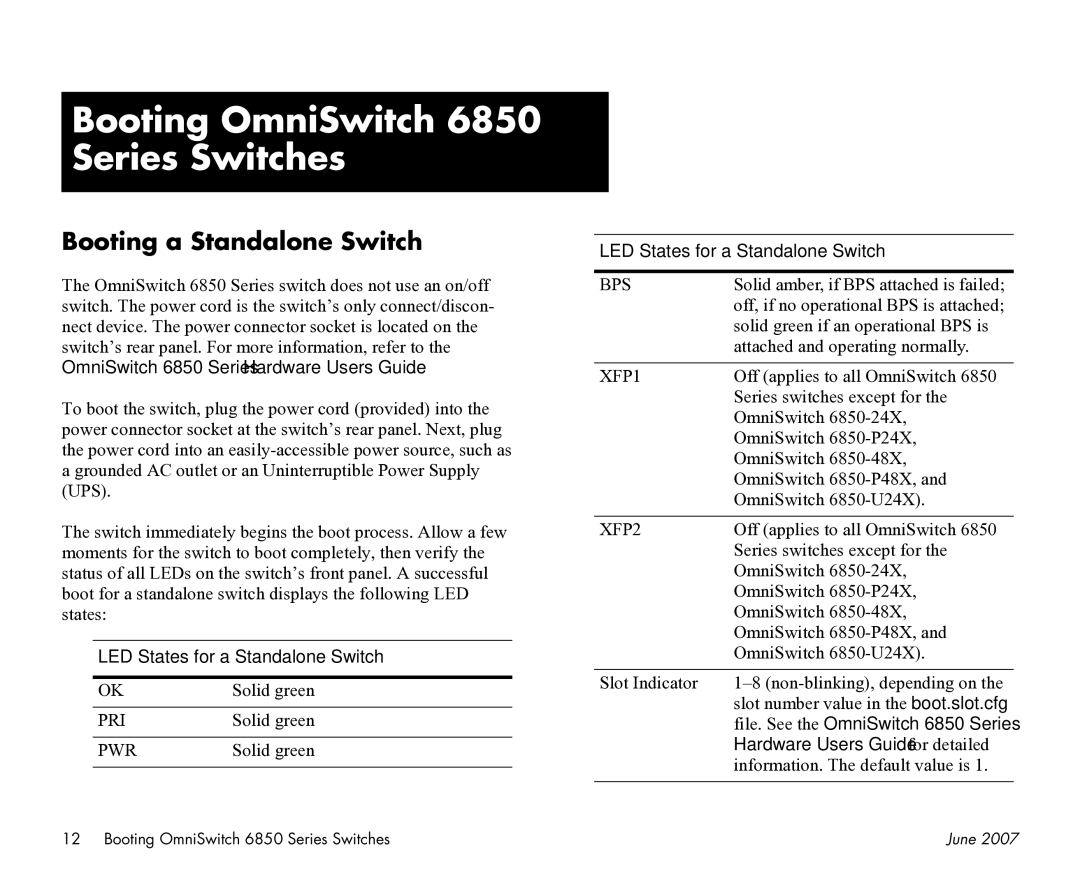 Alcatel-Lucent 6850-U24X, 6850-48L, 6850-P48X, 6850-P24 Booting OmniSwitch 6850 Series Switches, Booting a Standalone Switch 