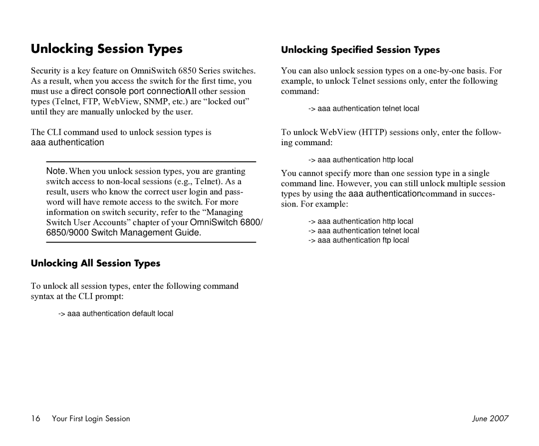 Alcatel-Lucent 6850-24X, 6850-48L Unlocking Session Types, Unlocking All Session Types, Unlocking Specified Session Types 