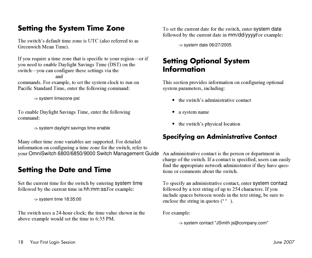 Alcatel-Lucent 6850-P24X Setting the System Time Zone, Setting the Date and Time, Setting Optional System Information 