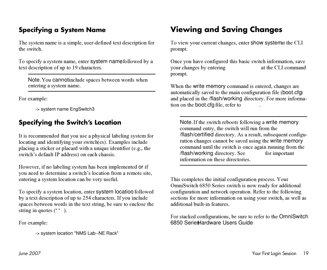 Alcatel-Lucent 6850-48X, 6850-48L Viewing and Saving Changes, Specifying a System Name, Specifying the Switch’s Location 