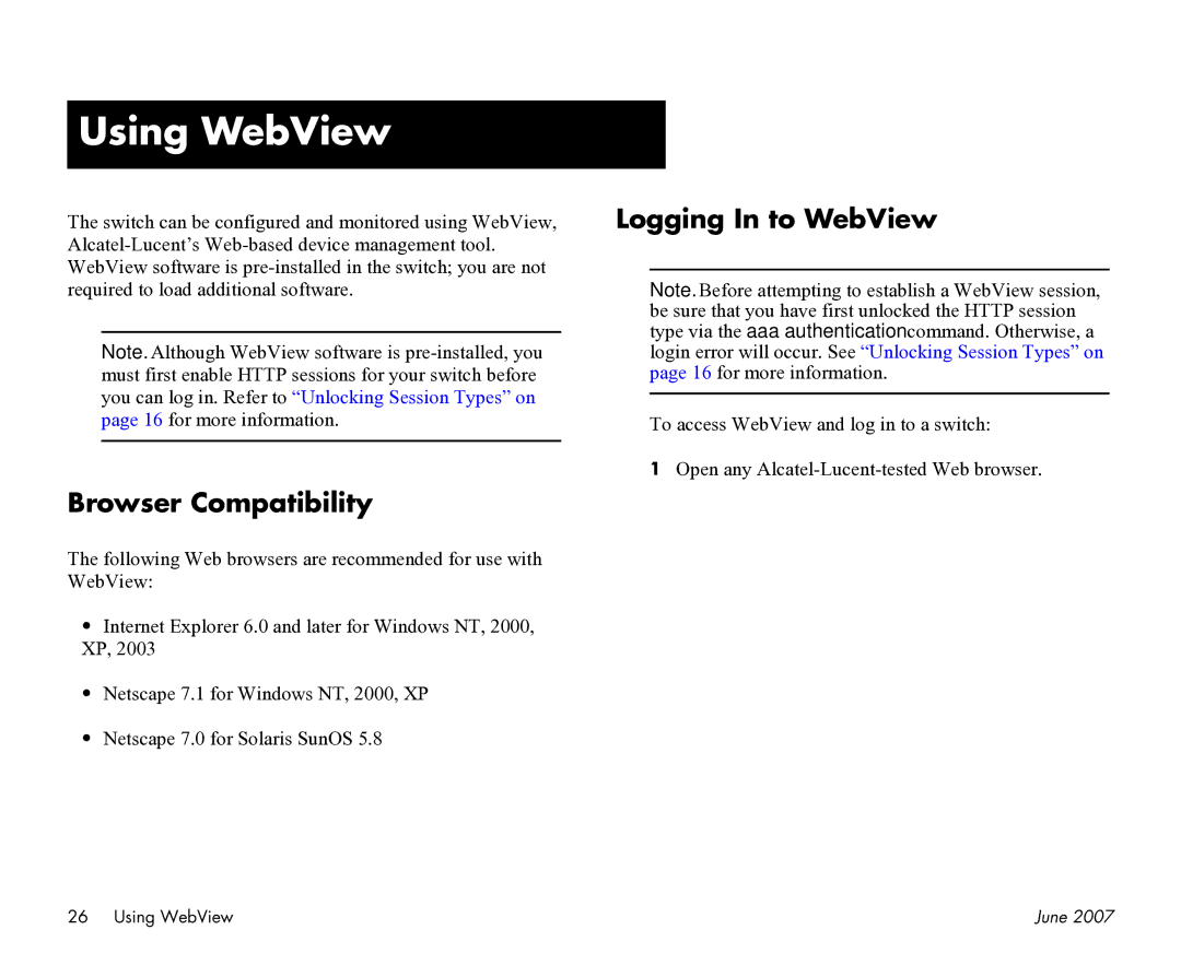 Alcatel-Lucent 6850-48L, 6850-P48X, 6850-P48L, 6850-P24 manual Using WebView, Logging In to WebView, Browser Compatibility 