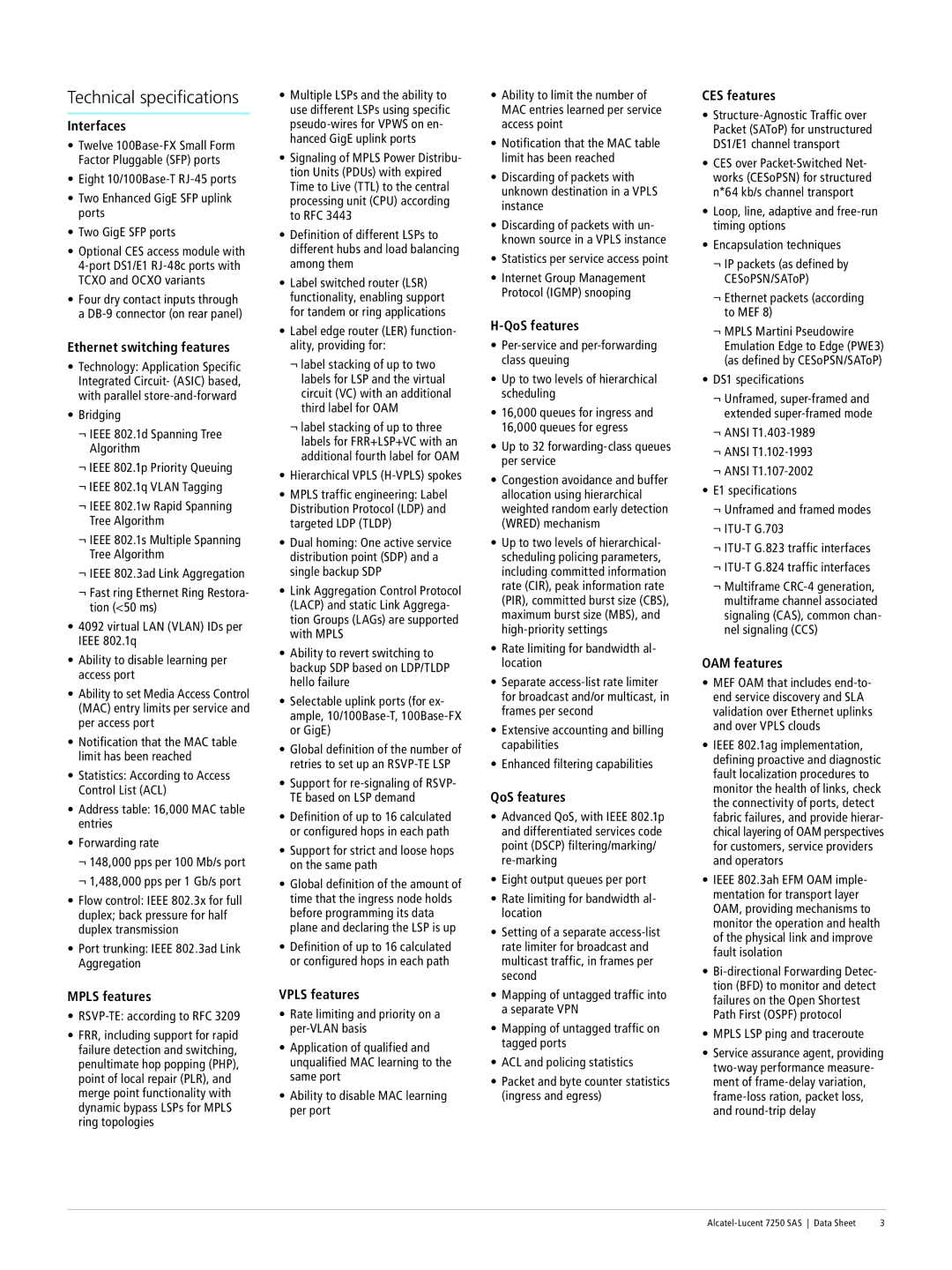 Alcatel-Lucent 7250 SAS manual Technical specifications 