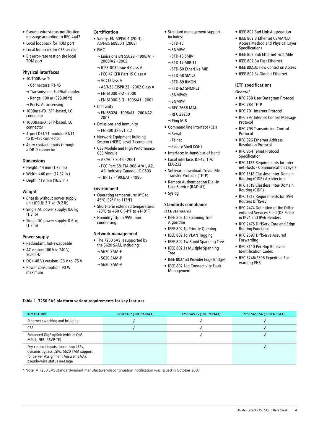 Alcatel-Lucent 7250 SAS manual Physical interfaces, Dimensions, Weight, Power supply, Certification, Environment 