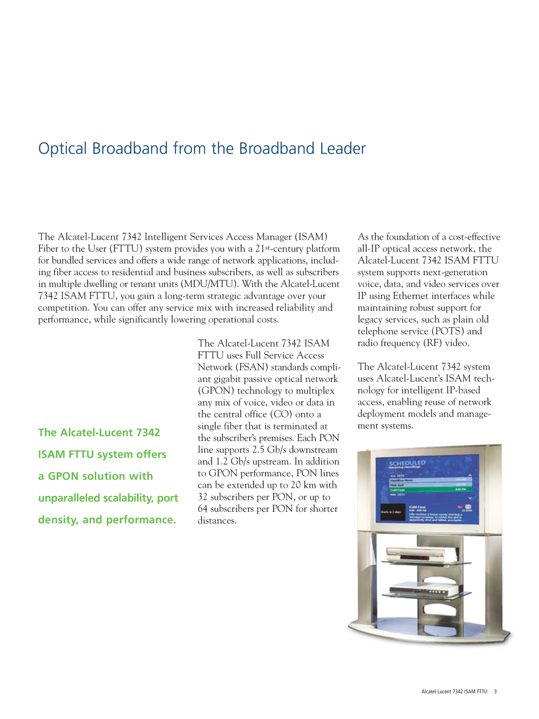 Alcatel-Lucent 7342 ISAM FTTU manual Optical Broadband from the Broadband Leader 