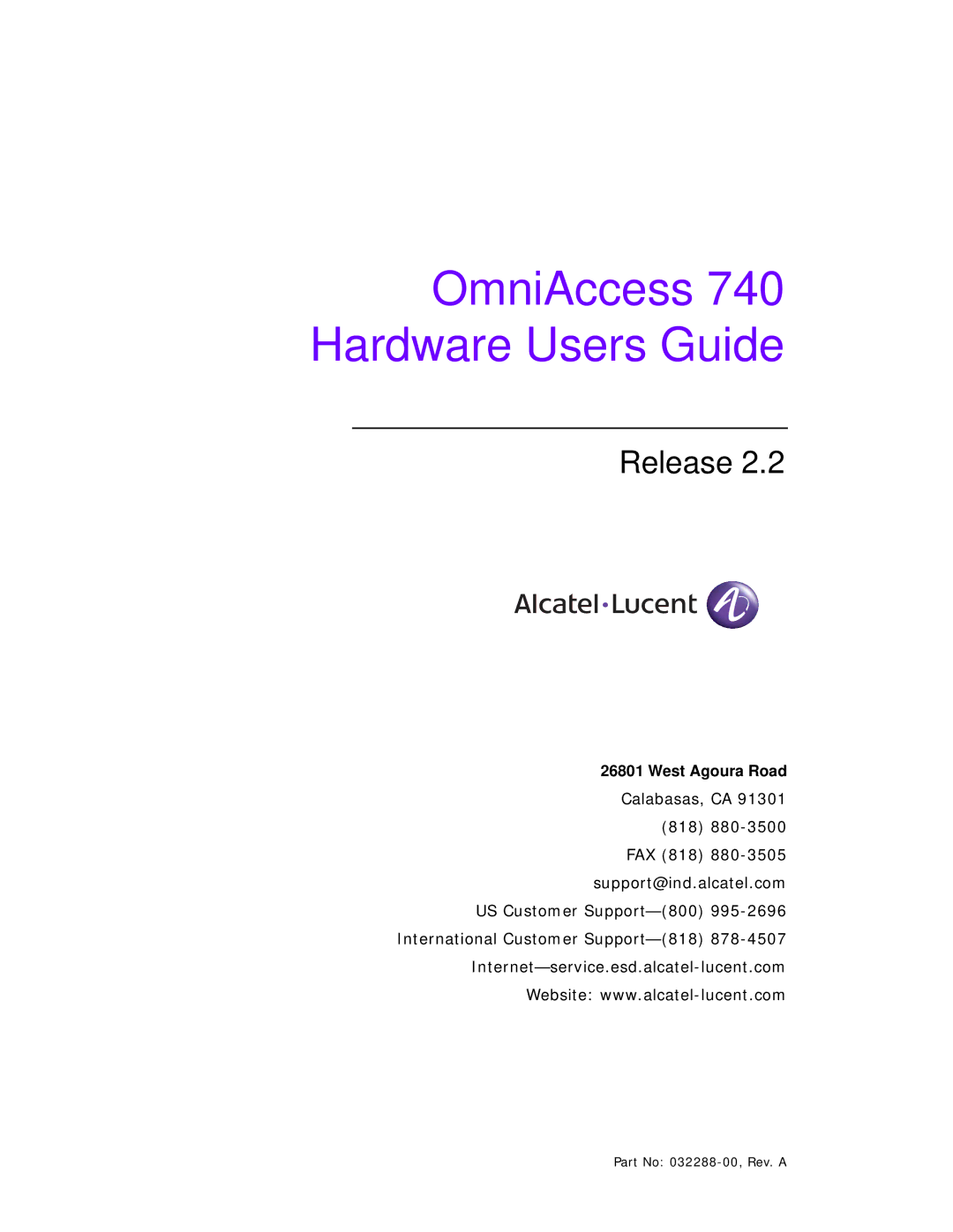 Alcatel-Lucent manual OmniAccess 740 Hardware Users Guide, West Agoura Road 