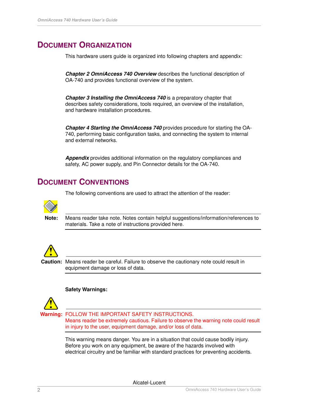 Alcatel-Lucent 740 manual Document Organization, Document Conventions, Safety Warnings 