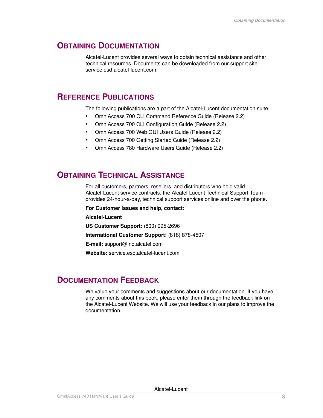 Alcatel-Lucent 740 Obtaining Documentation, Reference Publications, Obtaining Technical Assistance, Documentation Feedback 