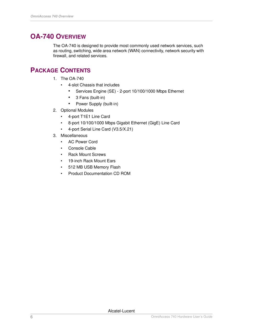 Alcatel-Lucent manual OA-740 Overview, Package Contents 