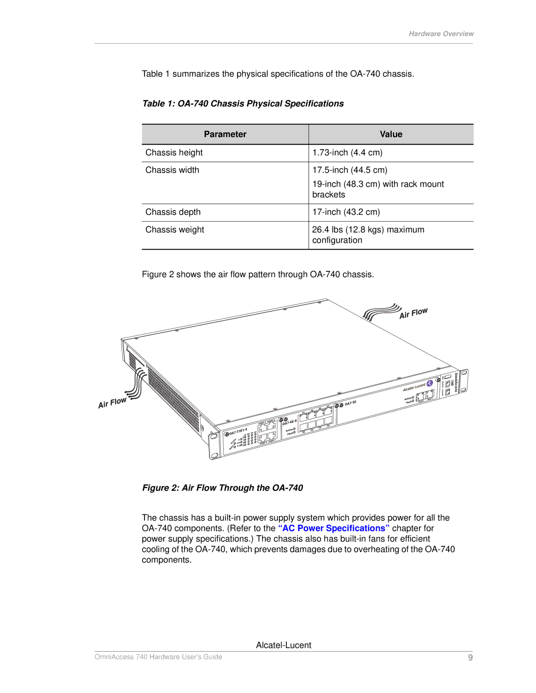 Alcatel-Lucent manual OA-740 Chassis Physical Specifications, Parameter Value 