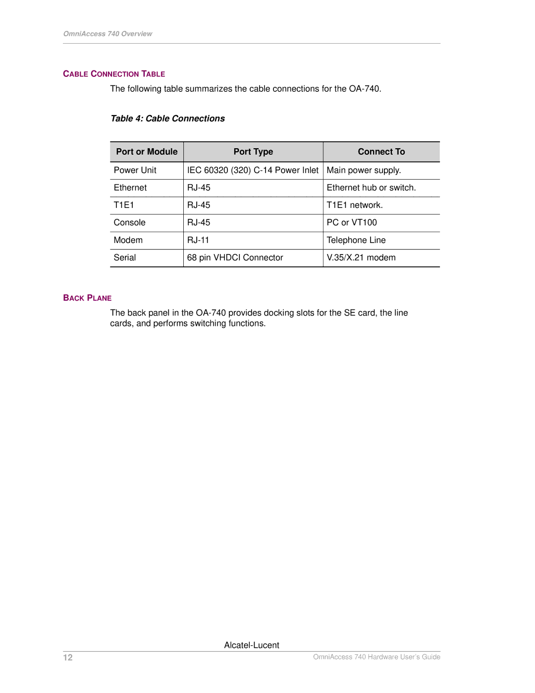 Alcatel-Lucent 740 manual Cable Connections, Port or Module Port Type Connect To 