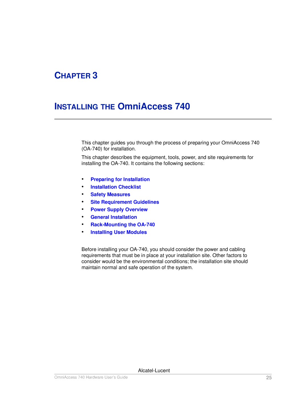 Alcatel-Lucent 740 manual Installing the OmniAccess 