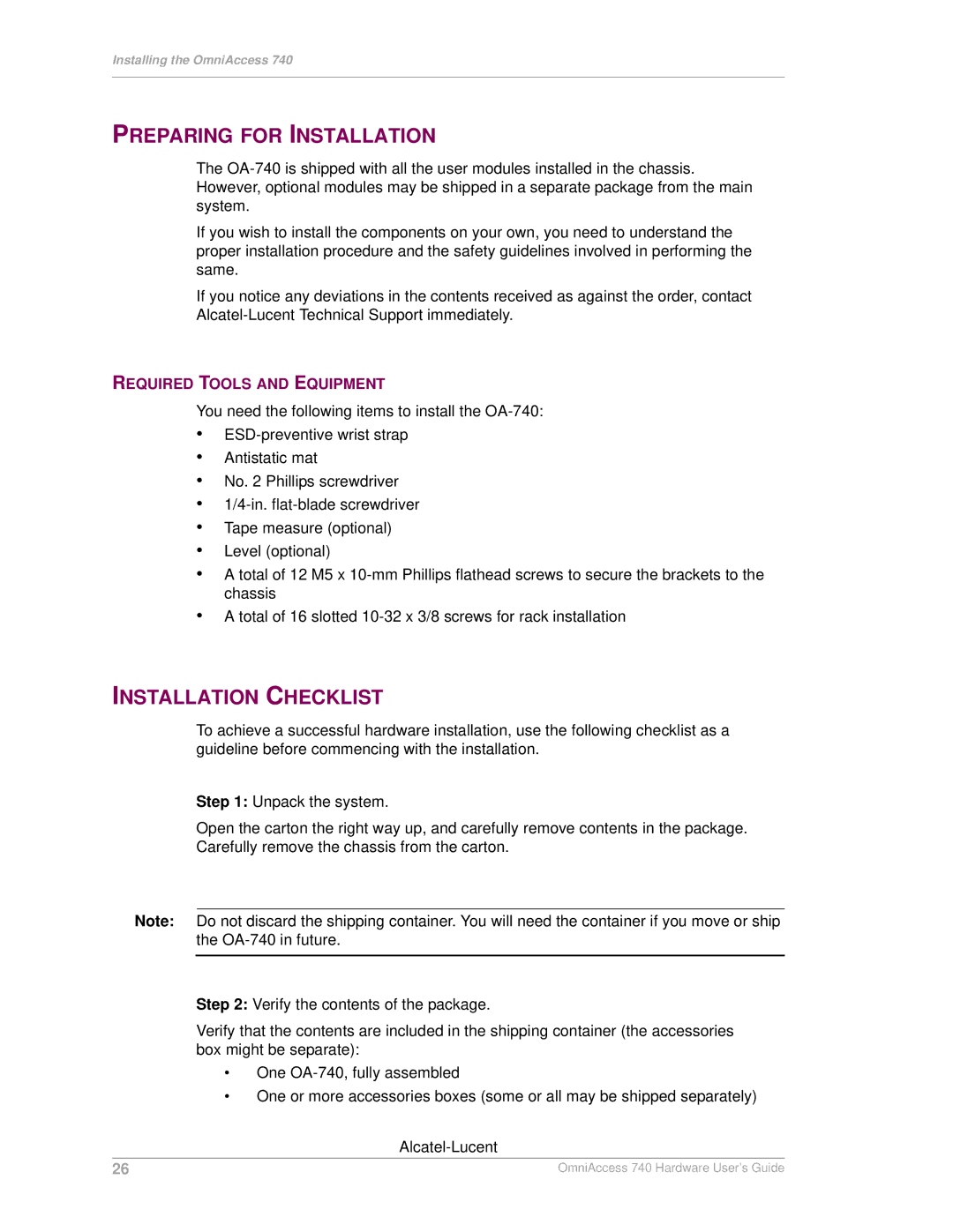 Alcatel-Lucent 740 manual Preparing for Installation, Installation Checklist, Required Tools and Equipment 