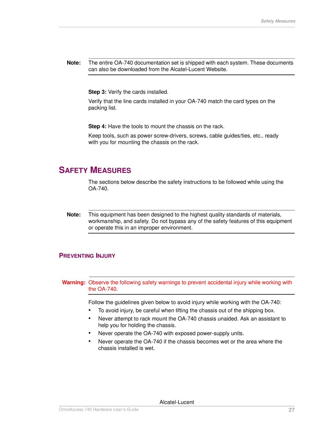 Alcatel-Lucent 740 manual Safety Measures, Preventing Injury 