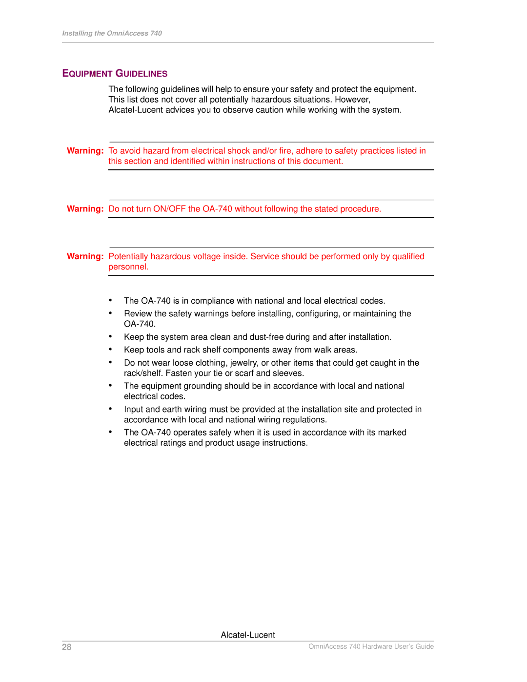 Alcatel-Lucent 740 manual Equipment Guidelines 