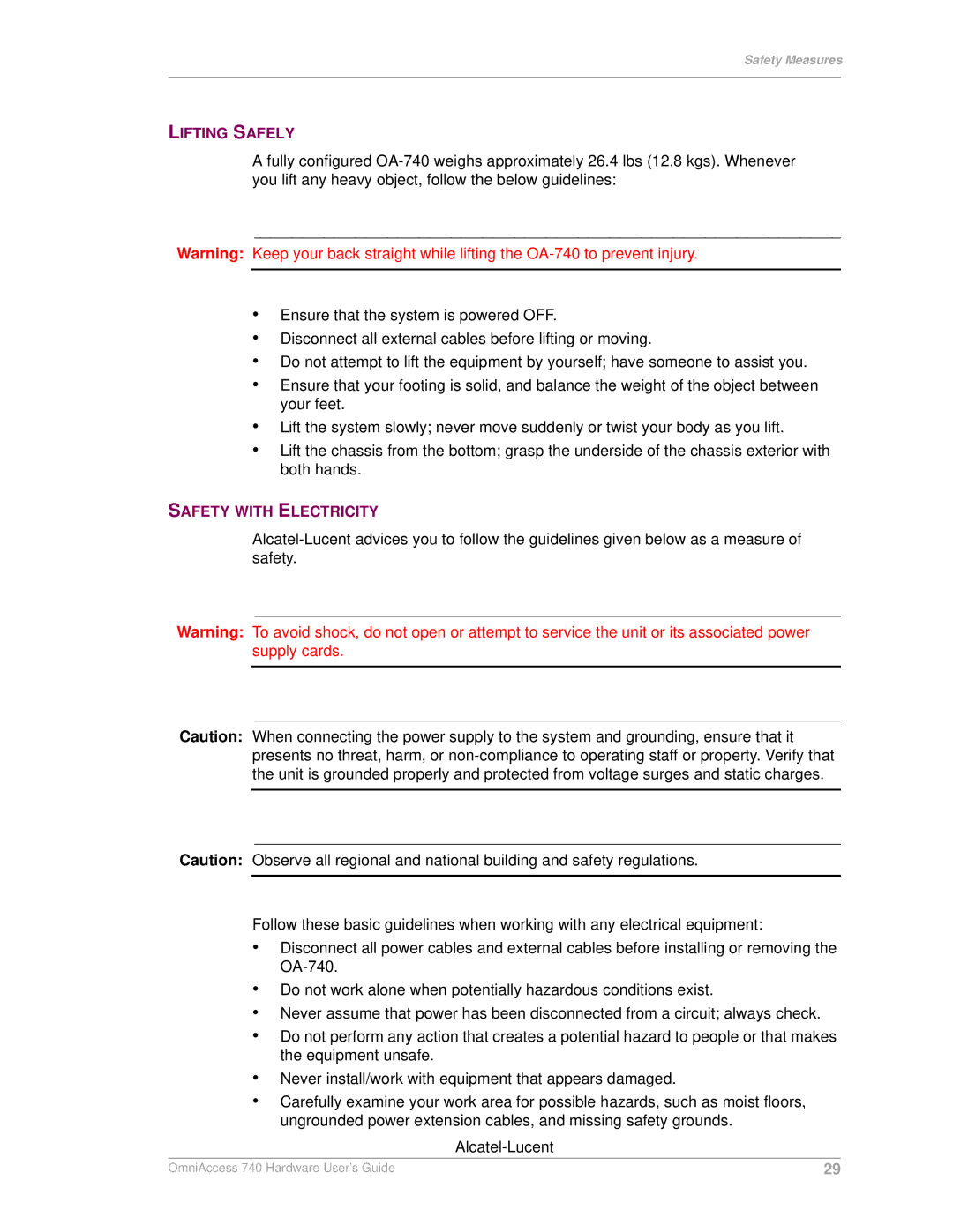 Alcatel-Lucent 740 manual Lifting Safely, Safety with Electricity 