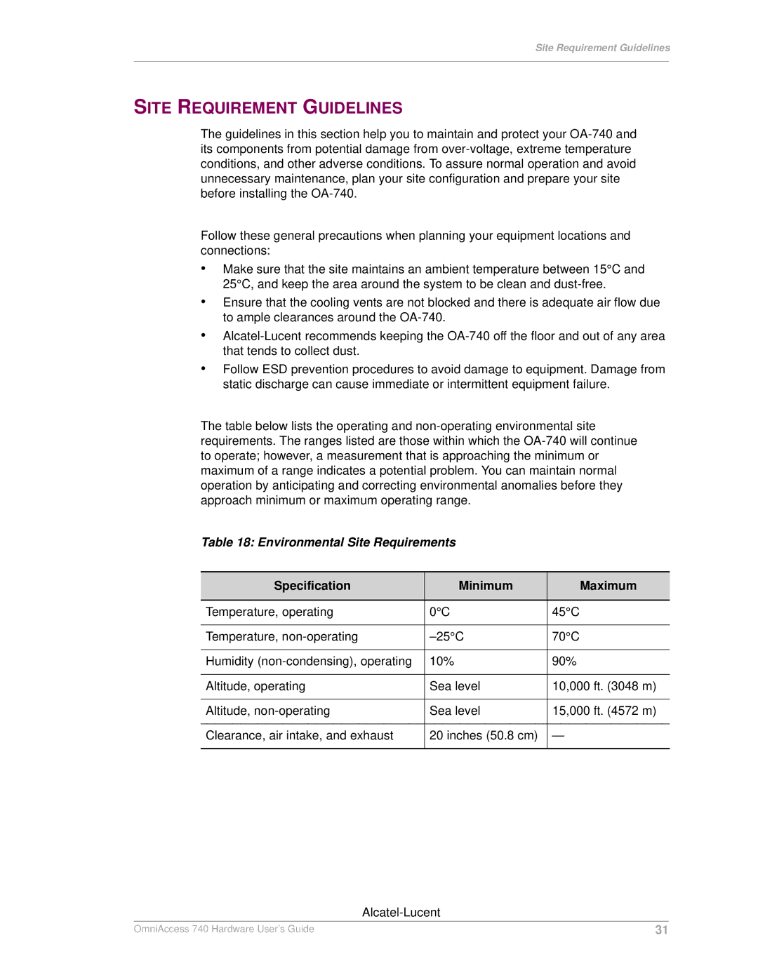 Alcatel-Lucent 740 manual Site Requirement Guidelines, Environmental Site Requirements, Specification Minimum Maximum 