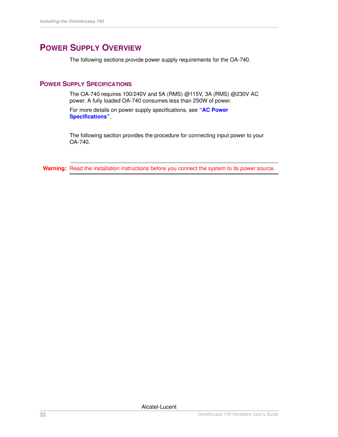 Alcatel-Lucent 740 manual Power Supply Overview, Power Supply Specifications 