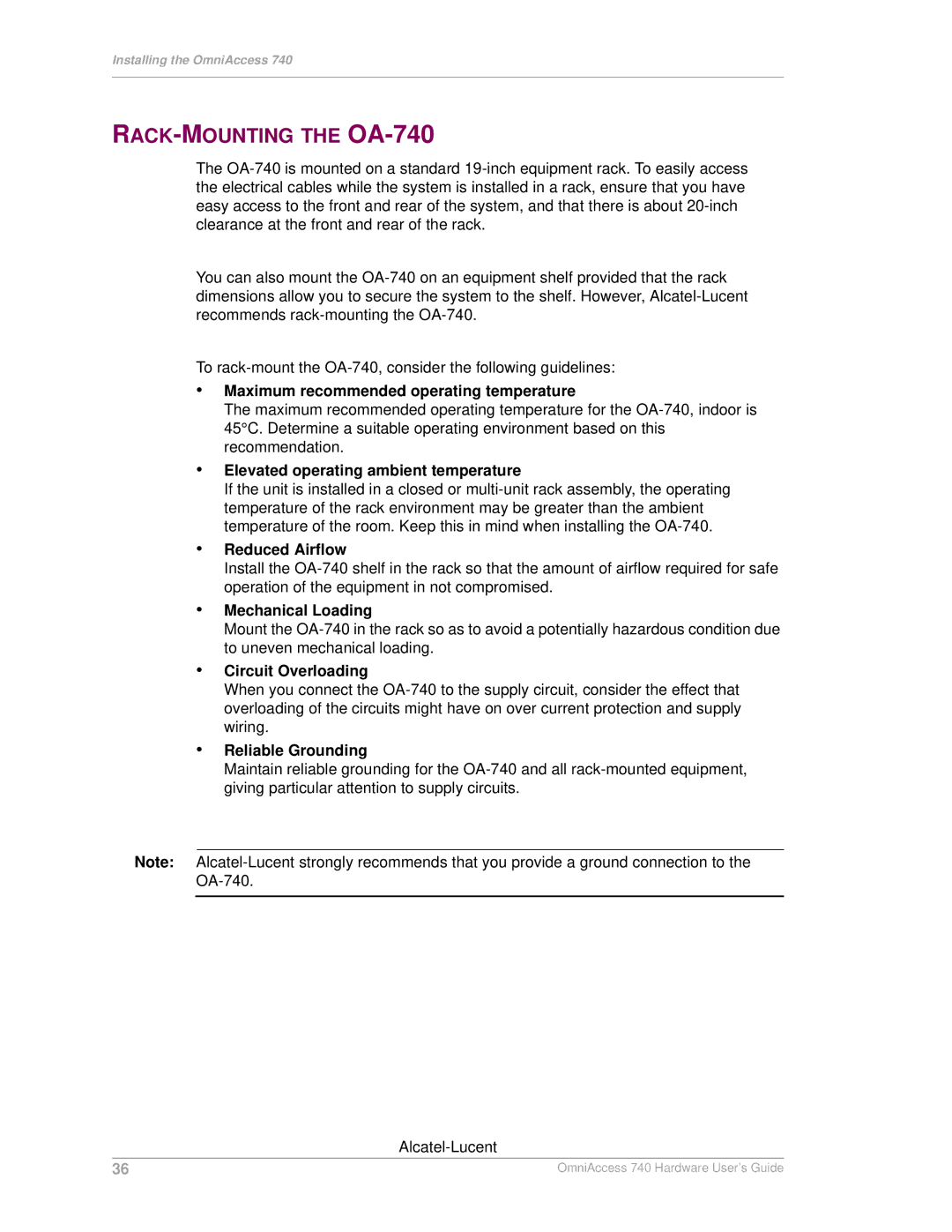 Alcatel-Lucent manual RACK-MOUNTING the OA-740 