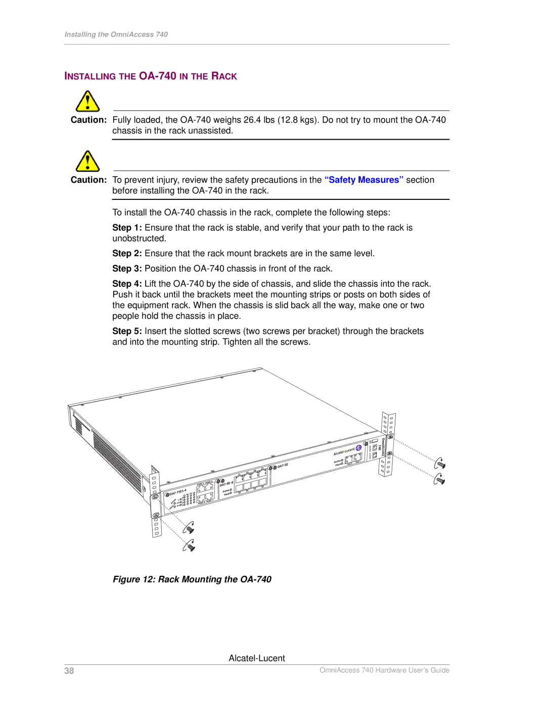 Alcatel-Lucent manual Installing the OA-740IN the Rack, Rack Mounting the OA-740 