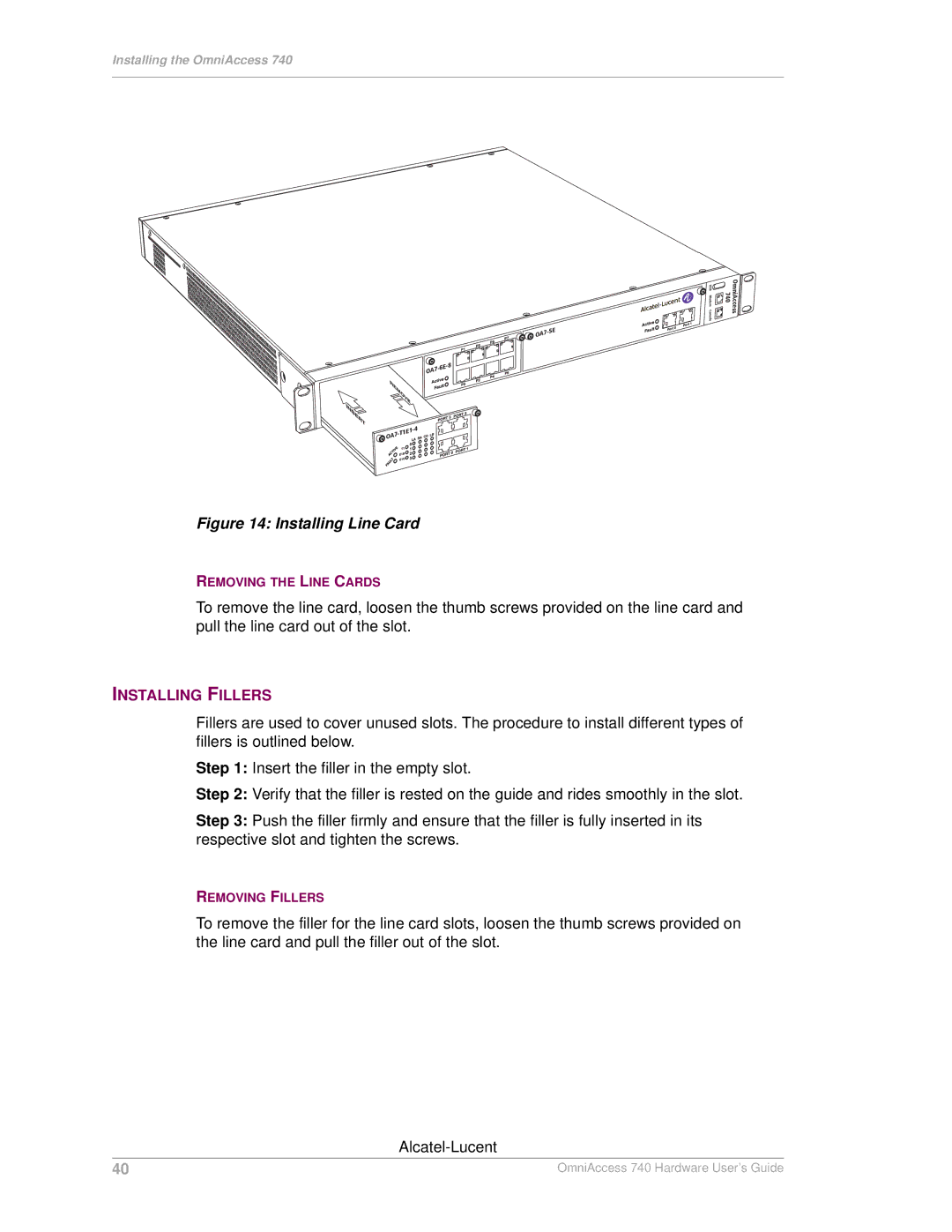 Alcatel-Lucent 740 manual Installing Line Card, Installing Fillers 