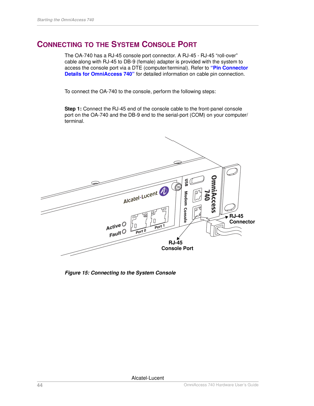 Alcatel-Lucent 740 manual Connecting to the System Console Port, RJ-45 Console Port, RJ-45 Connector 