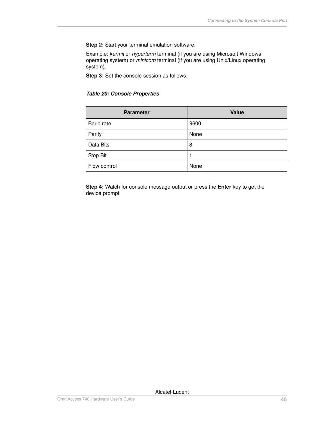 Alcatel-Lucent 740 manual Console Properties, Parameter Value 