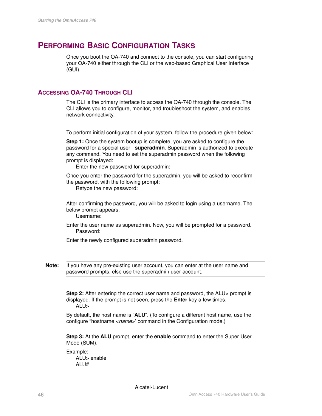 Alcatel-Lucent manual Performing Basic Configuration Tasks, Accessing OA-740 Through CLI 